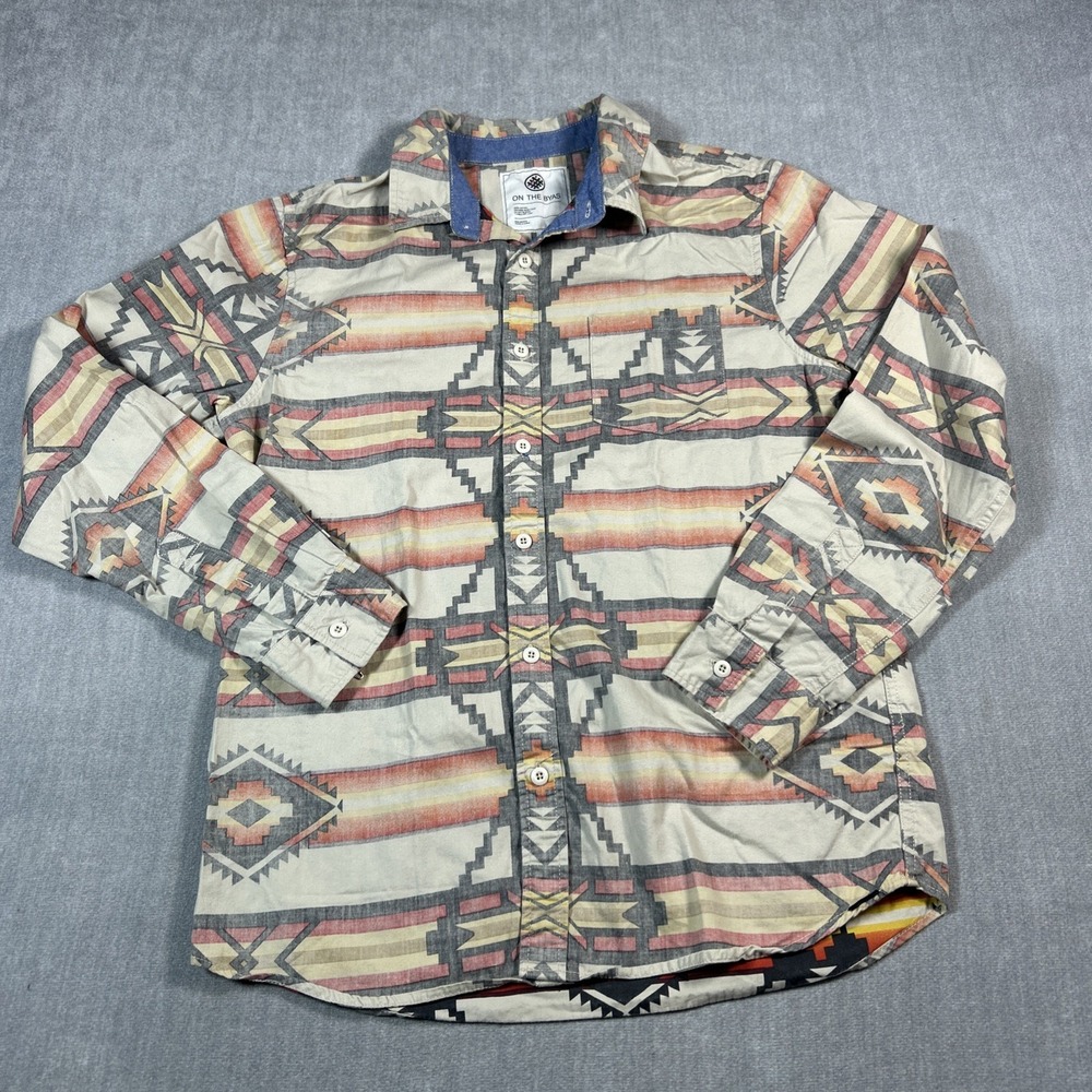 On The Byas Mens Aztec Geometric Long Sleeve Button Up Shirt Medium Multicolor